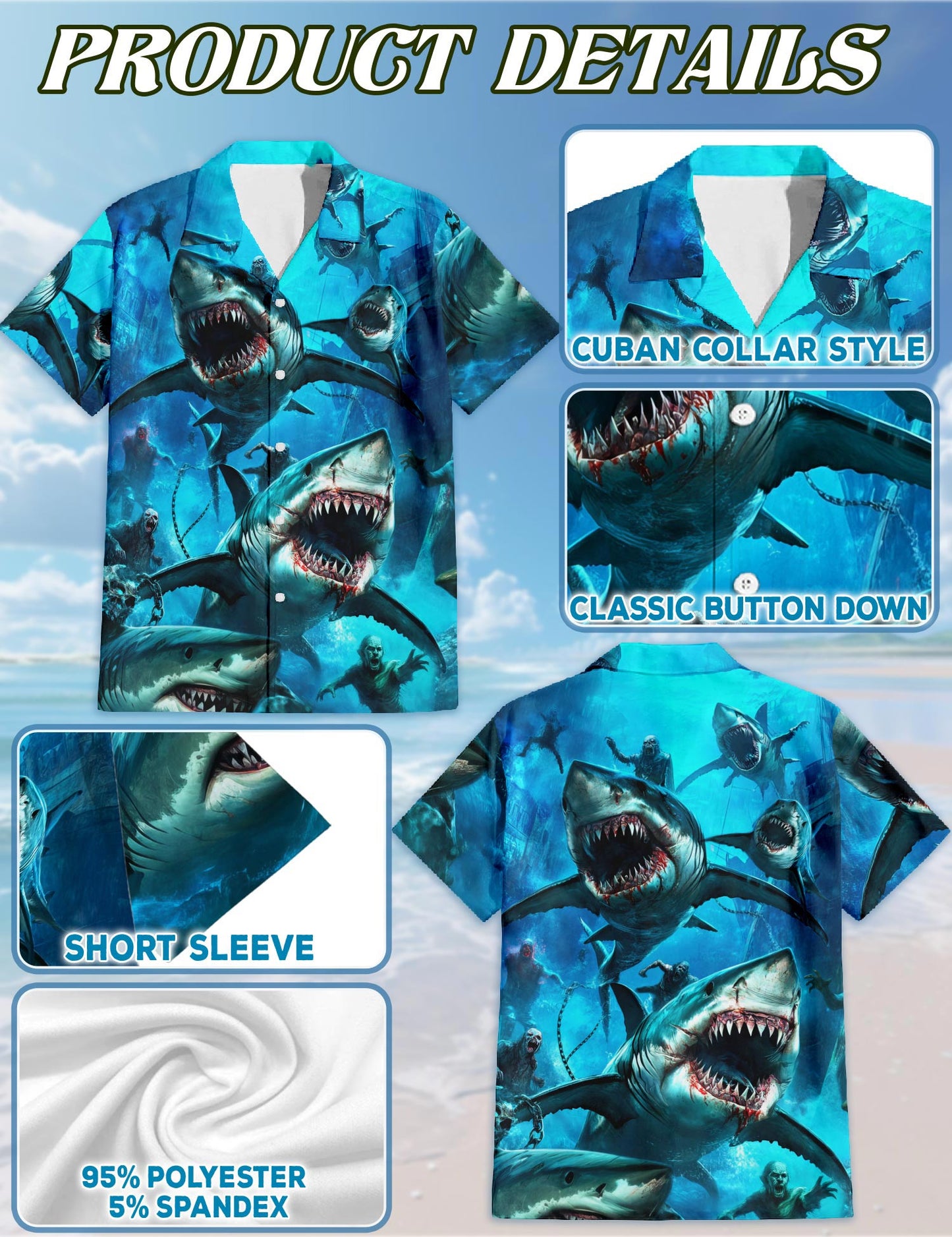 Sharks And Zombies War Hawaiian Shirt for Men, Button Down Aloha Shirt - Azhawaiian