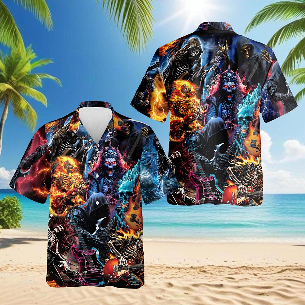 Skeleton Electric Guitar Hawaiian Shirt for Men, Button Down Aloha Shirt - Azhawaiian