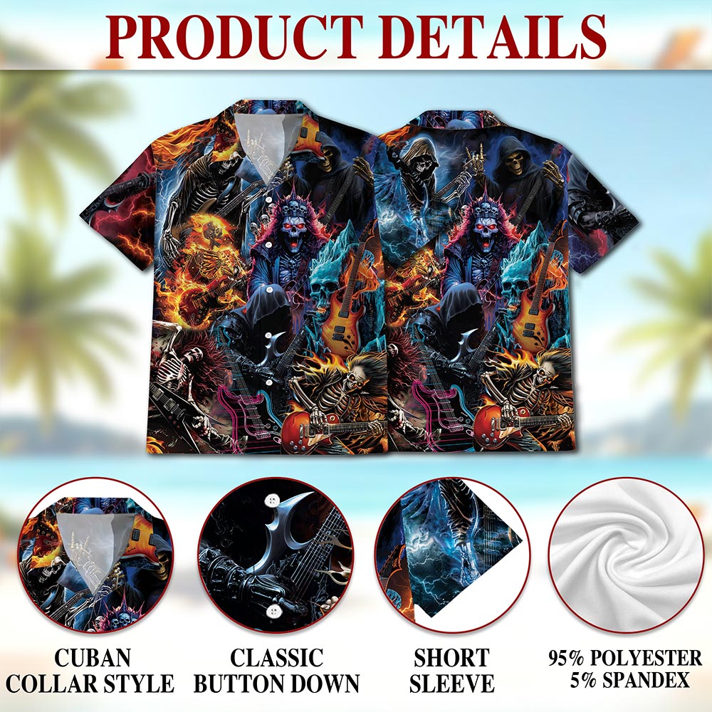 Skeleton Electric Guitar Hawaiian Shirt for Men, Button Down Aloha Shirt - Azhawaiian