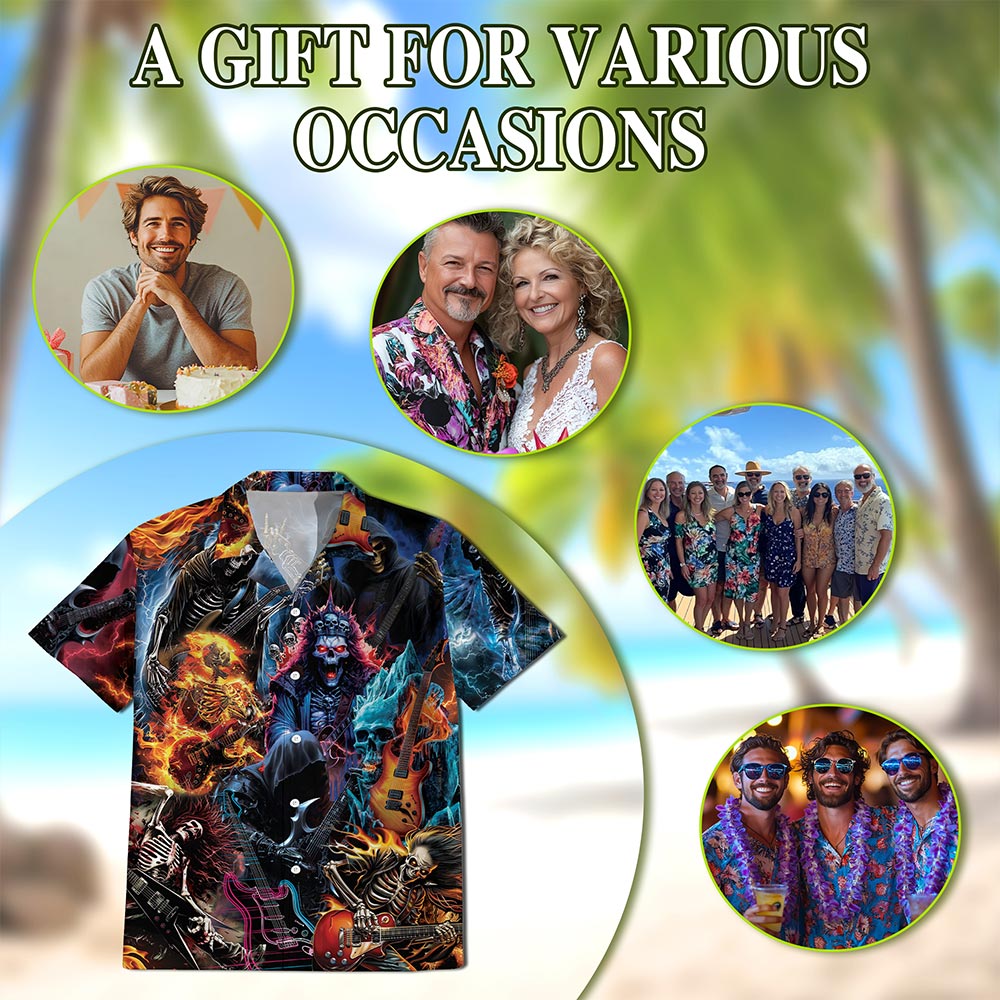Skeleton Electric Guitar Hawaiian Shirt for Men, Button Down Aloha Shirt - Azhawaiian