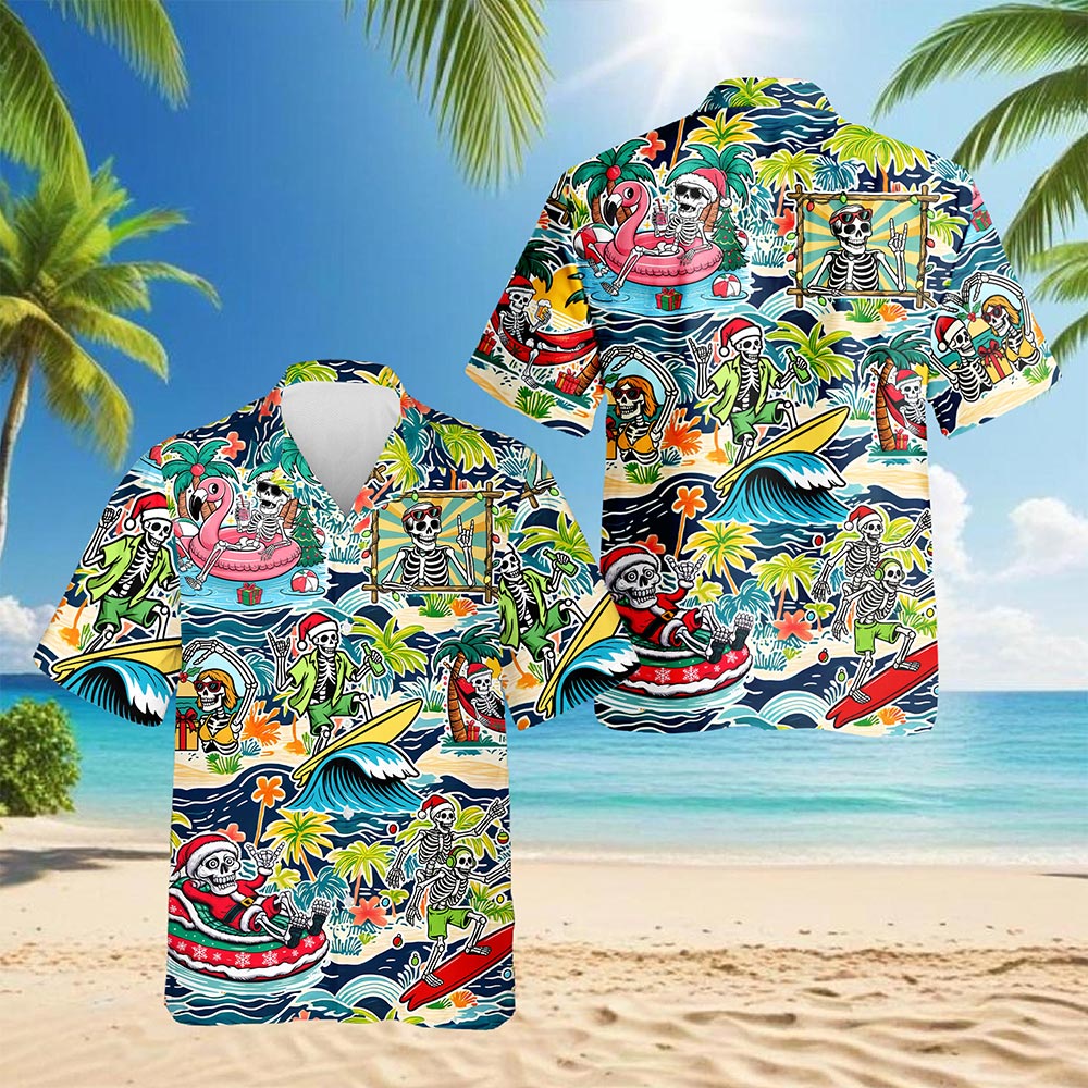 Skeleton Santa Hawaiian Shirt for Men, Button Down Aloha Shirt - Azhawaiian