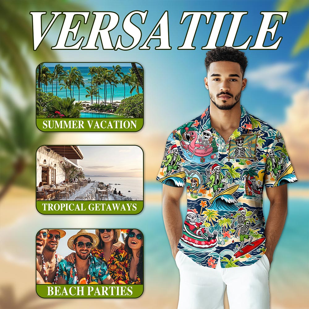 Skeleton Santa Hawaiian Shirt for Men, Button Down Aloha Shirt - Azhawaiian