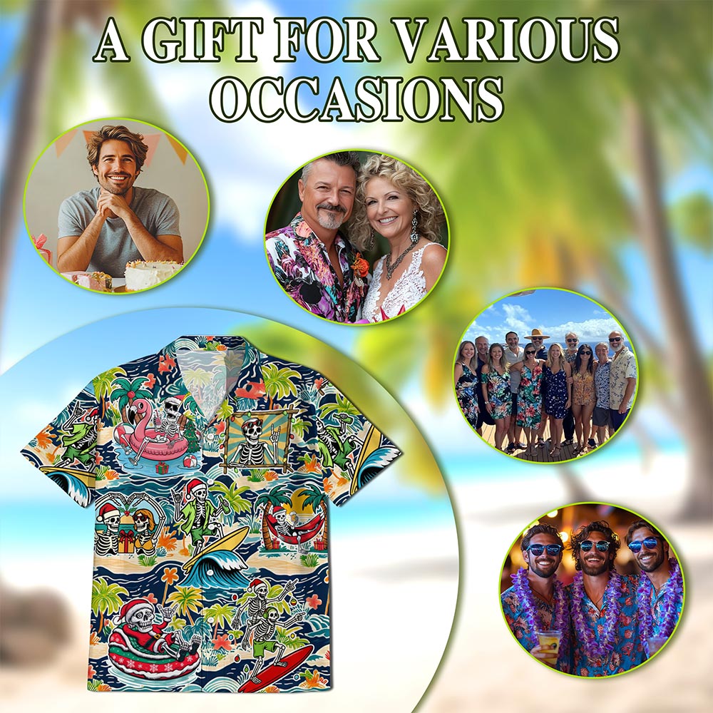 Skeleton Santa Hawaiian Shirt for Men, Button Down Aloha Shirt - Azhawaiian