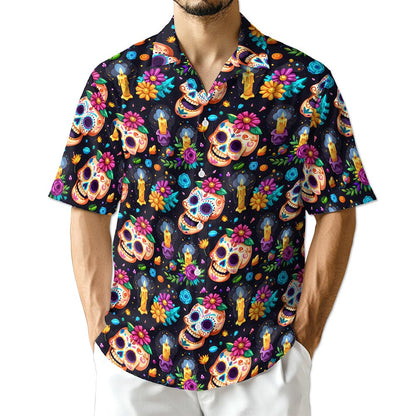 Skull Flower Pattern Hawaiian Shirt for Men, Button Down Aloha Shirt - Azhawaiian