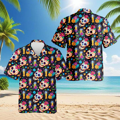 Skull Flower Pattern Hawaiian Shirt for Men, Button Down Aloha Shirt - Azhawaiian