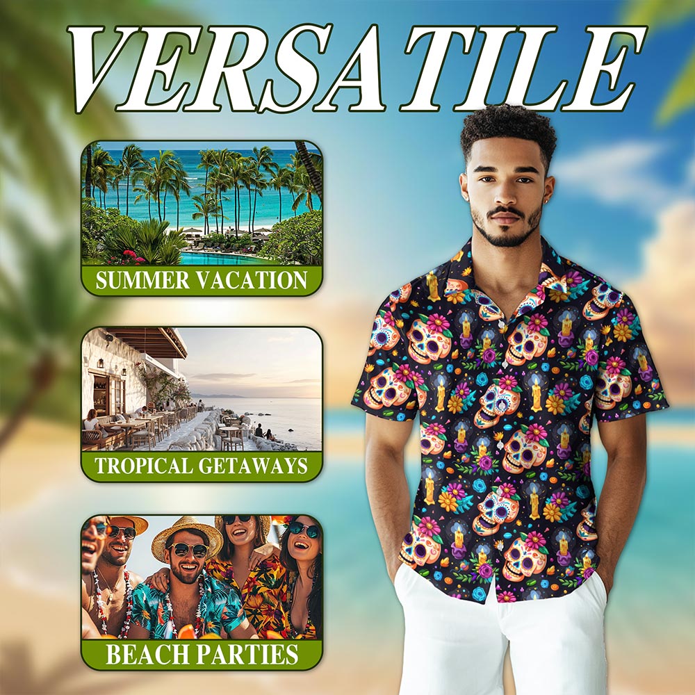 Skull Flower Pattern Hawaiian Shirt for Men, Button Down Aloha Shirt - Azhawaiian