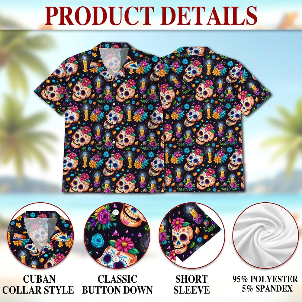 Skull Flower Pattern Hawaiian Shirt for Men, Button Down Aloha Shirt - Azhawaiian