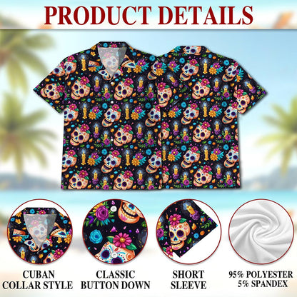 Skull Flower Pattern Hawaiian Shirt for Men, Button Down Aloha Shirt - Azhawaiian