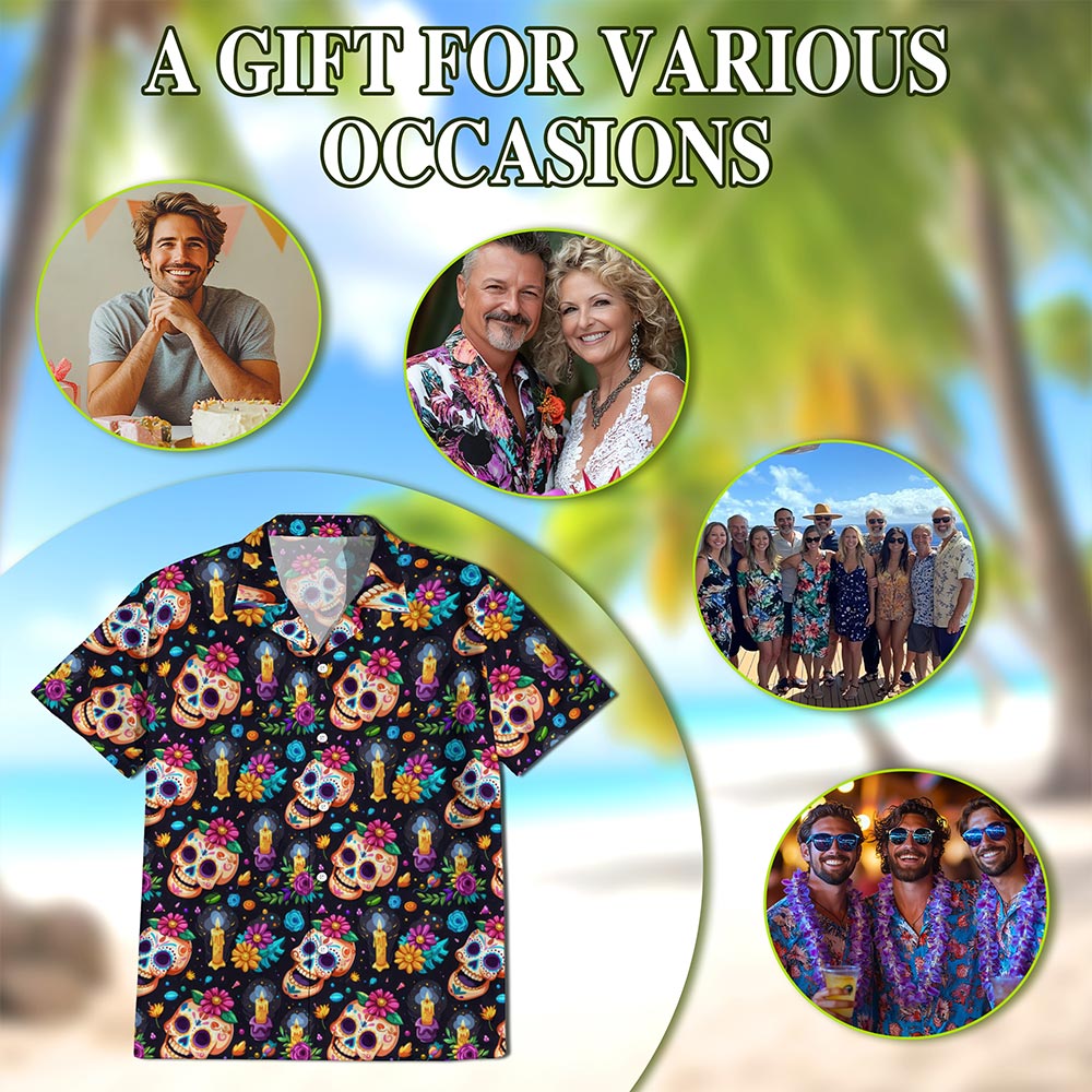 Skull Flower Pattern Hawaiian Shirt for Men, Button Down Aloha Shirt - Azhawaiian