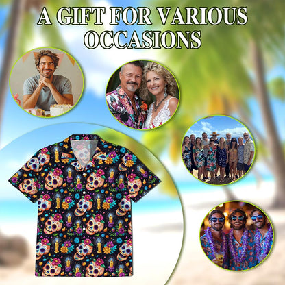 Skull Flower Pattern Hawaiian Shirt for Men, Button Down Aloha Shirt - Azhawaiian
