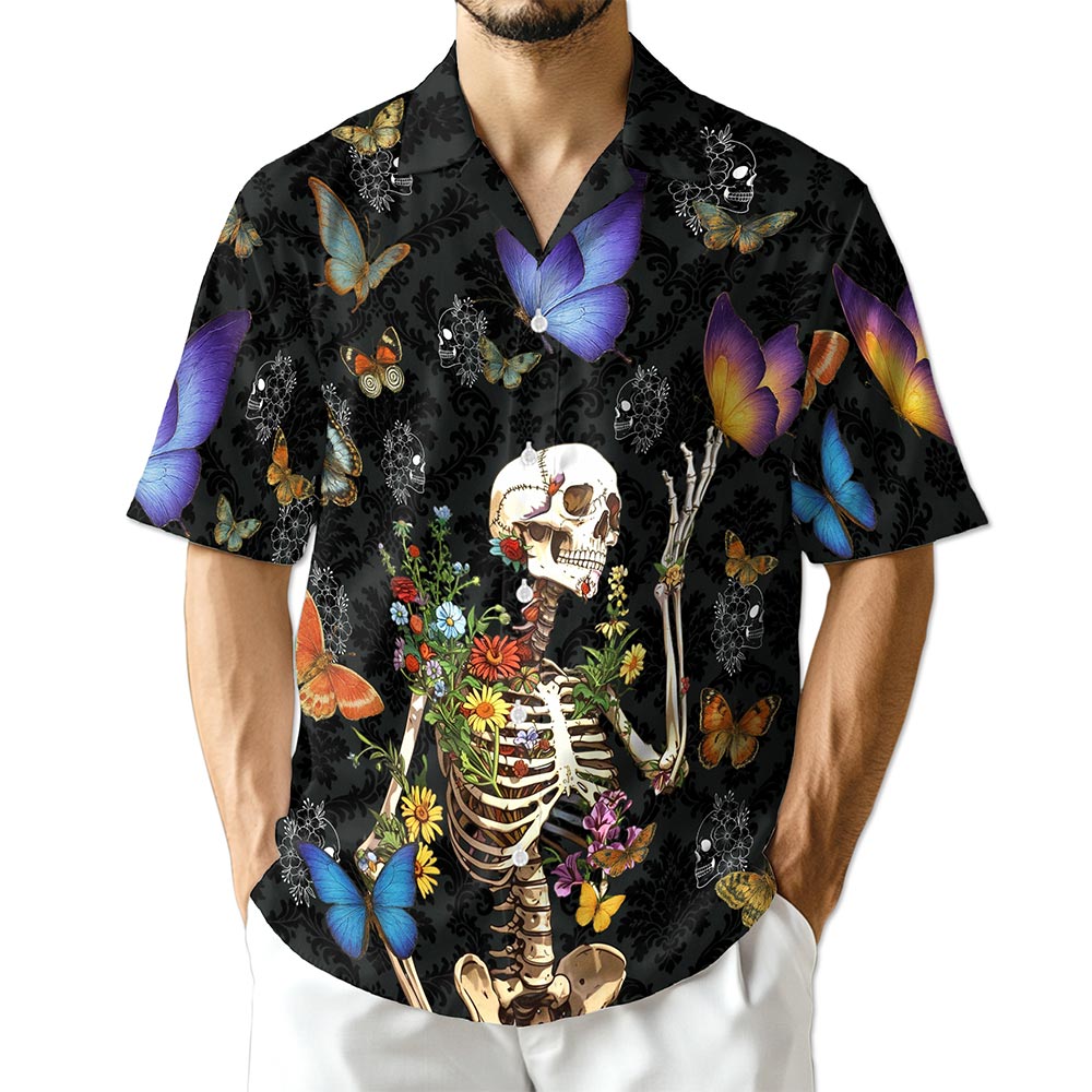 Azhawaiian Skull Love Butterfly Overnight Black Hawaiian Shirt for Men