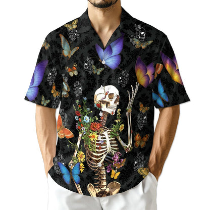 Azhawaiian Skull Love Butterfly Overnight Black Hawaiian Shirt for Men