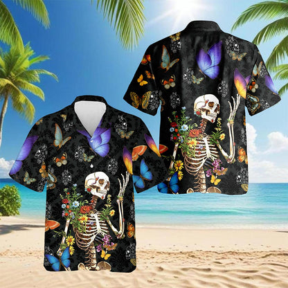 Skull Love Butterfly Overnight Black Hawaiian Shirt for Men, Button Down Aloha Shirt - Azhawaiian