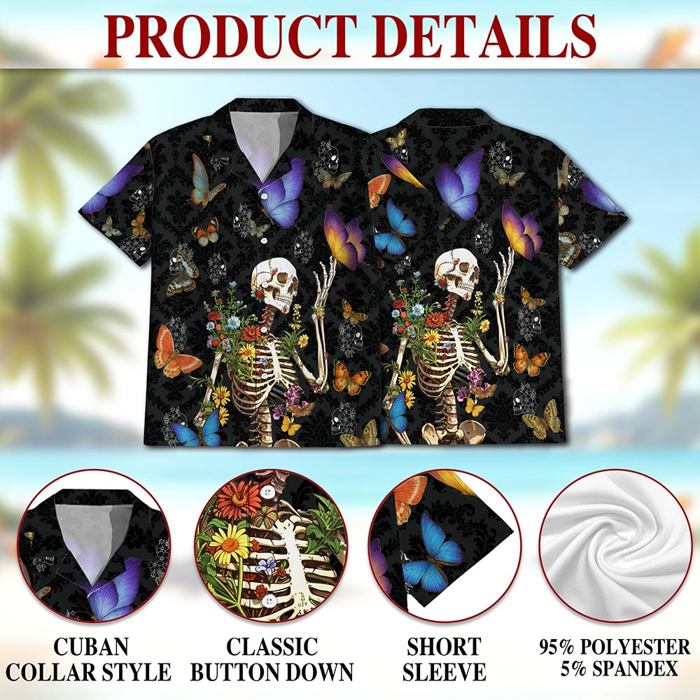 Skull Love Butterfly Overnight Black Hawaiian Shirt for Men, Button Down Aloha Shirt - Azhawaiian