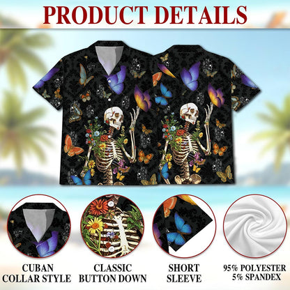 Skull Love Butterfly Overnight Black Hawaiian Shirt for Men, Button Down Aloha Shirt - Azhawaiian