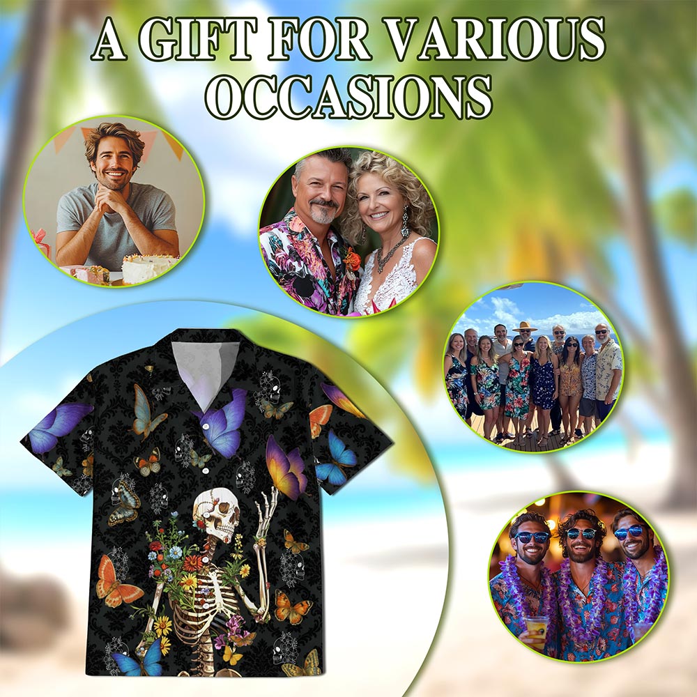 Skull Love Butterfly Overnight Black Hawaiian Shirt for Men, Button Down Aloha Shirt - Azhawaiian
