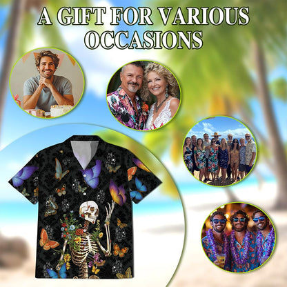 Skull Love Butterfly Overnight Black Hawaiian Shirt for Men, Button Down Aloha Shirt - Azhawaiian