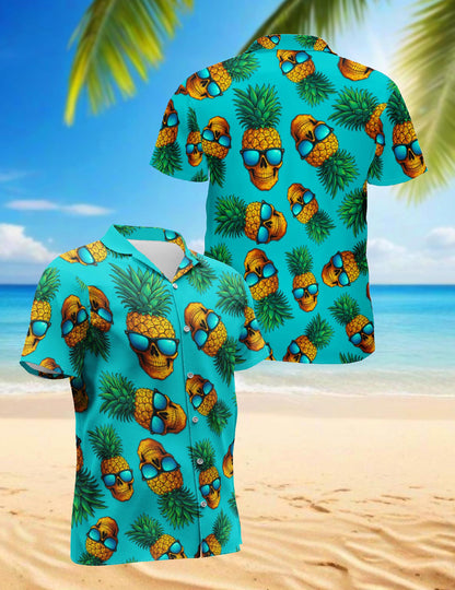 Skull Pineapple with Sunglasses Hawaiian Shirt for Men, Button Down Aloha Shirt - Azhawaiian