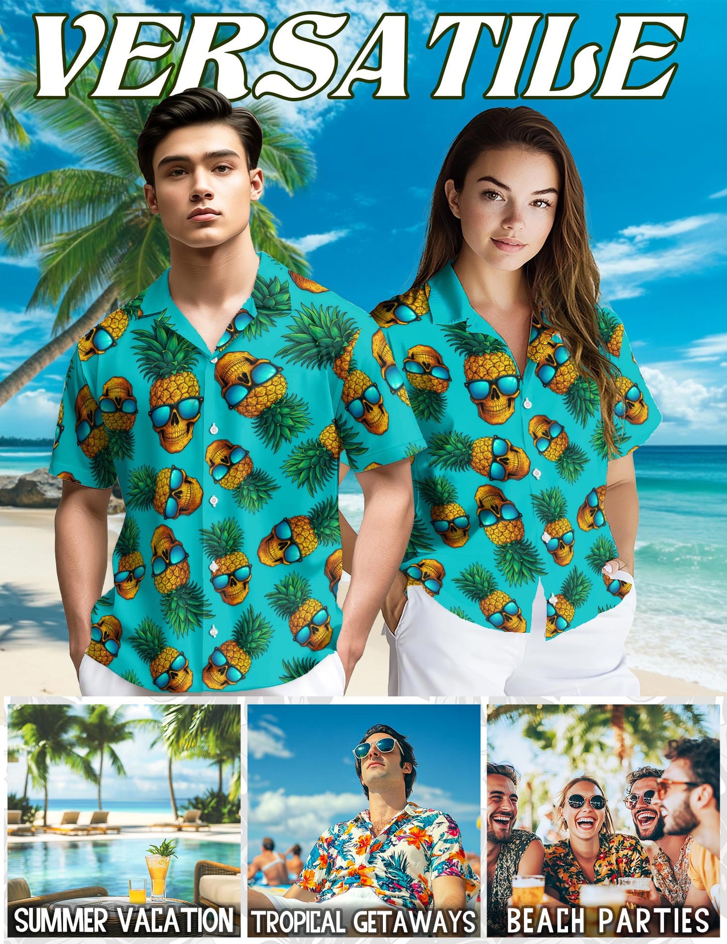 Skull Pineapple with Sunglasses Hawaiian Shirt for Men, Button Down Aloha Shirt - Azhawaiian