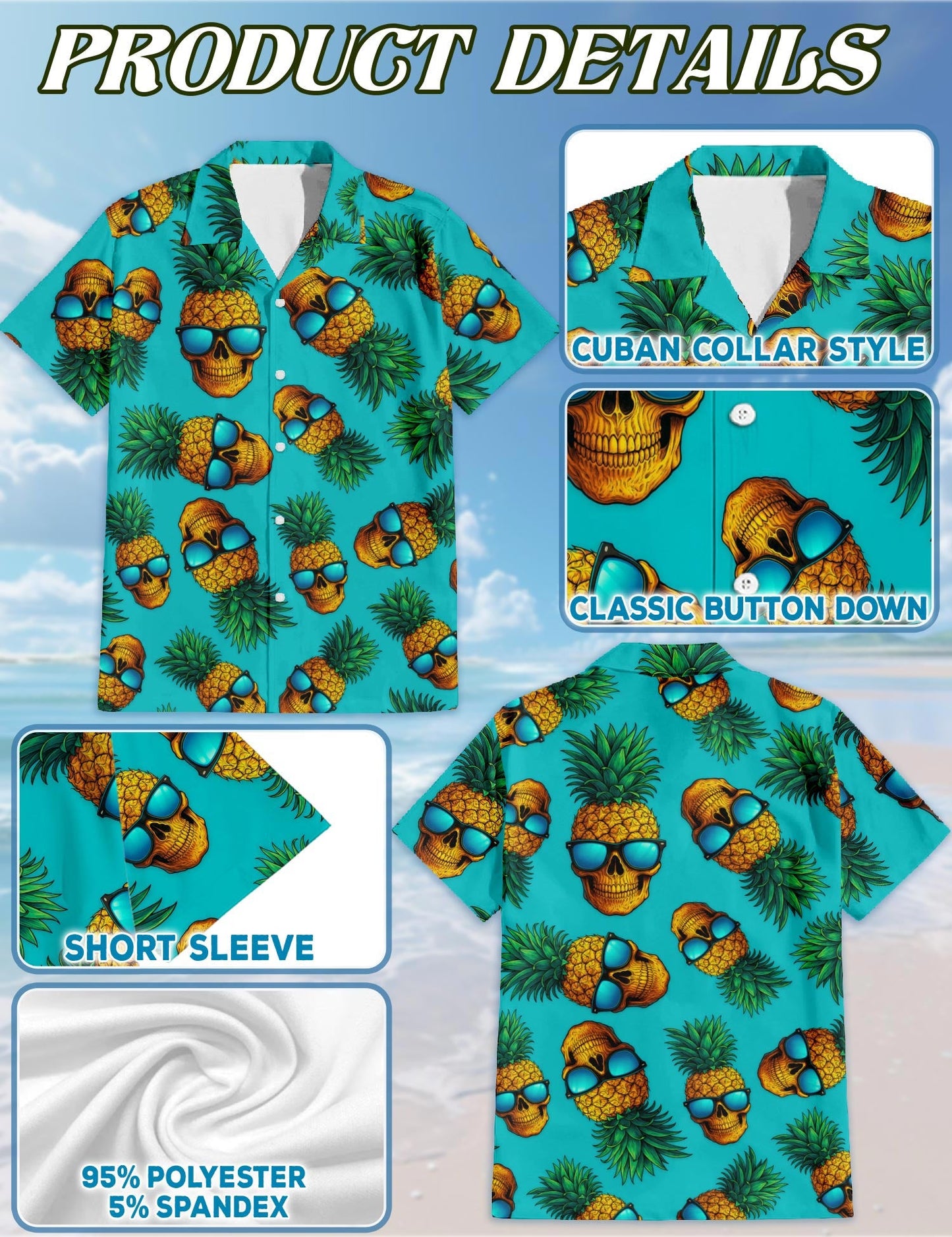 Skull Pineapple with Sunglasses Hawaiian Shirt for Men, Button Down Aloha Shirt - Azhawaiian