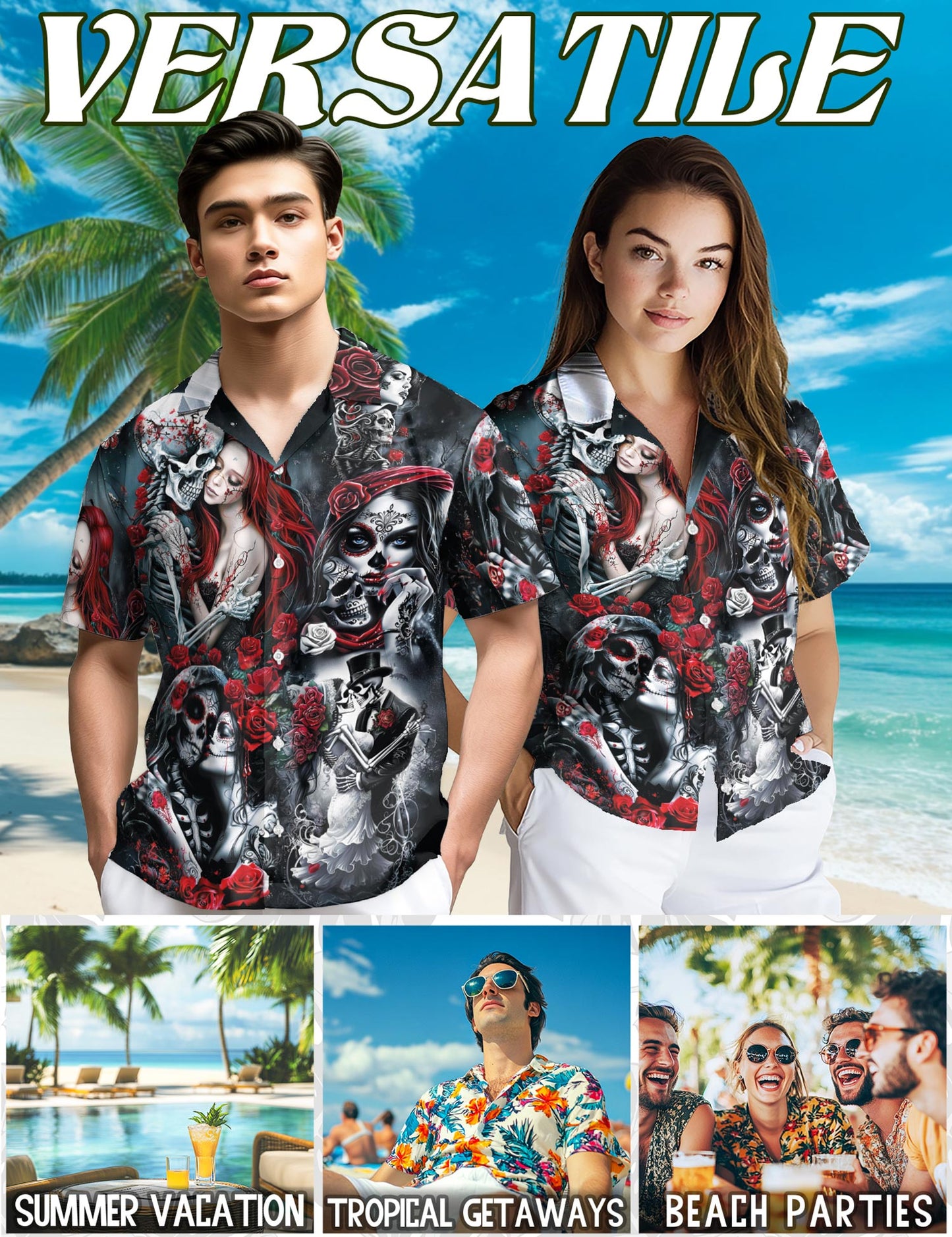Skull Rose Hawaiian Shirt for Men, Button Down Aloha Shirt - Azhawaiian
