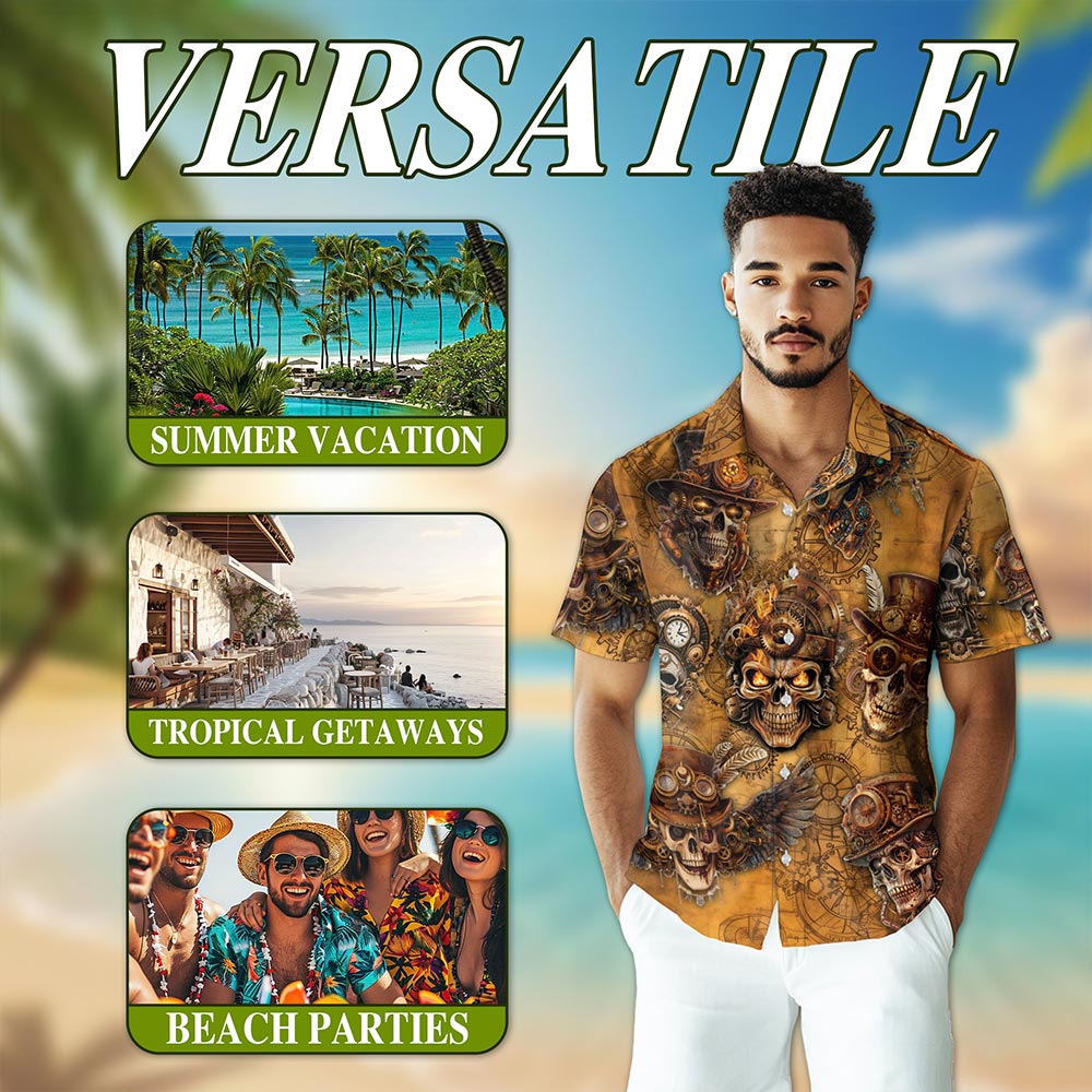 Skull Steampunk Hawaiian Shirt for Men, Button Down Aloha Shirt - Azhawaiian