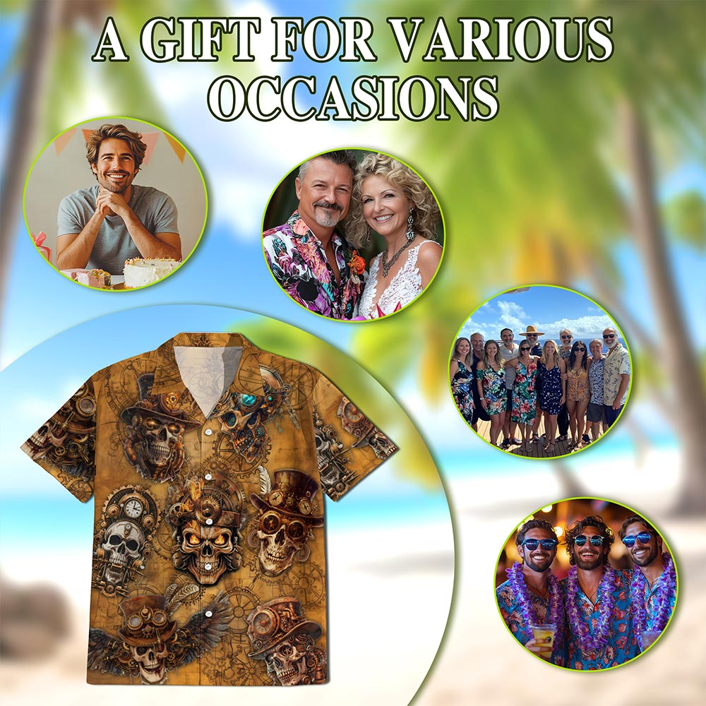 Skull Steampunk Hawaiian Shirt for Men, Button Down Aloha Shirt - Azhawaiian
