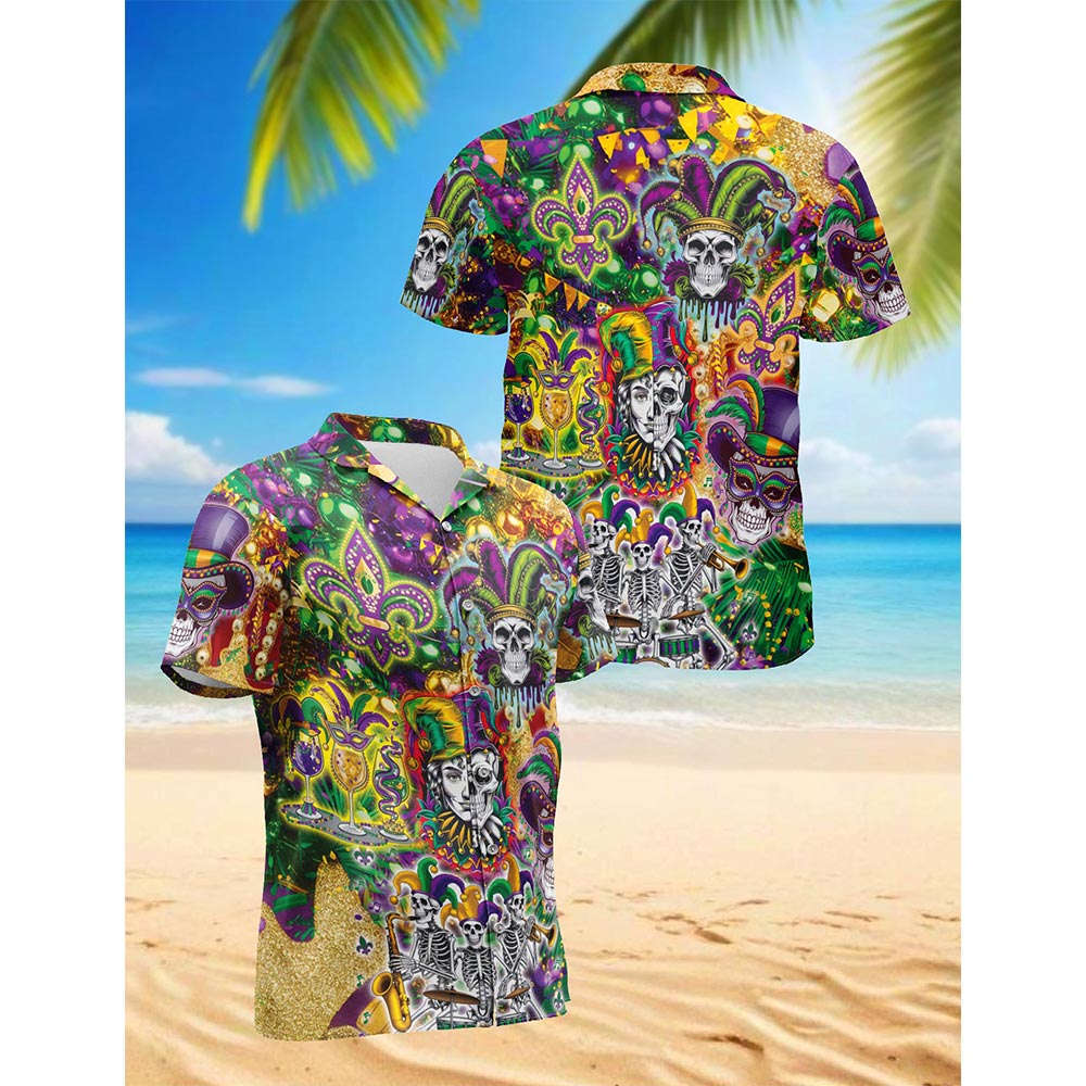 Skulls Mardi Gras Hawaiian Shirt for Men, Button Down Aloha Shirt - Azhawaiian