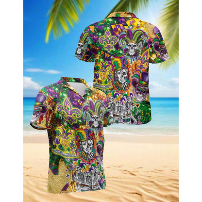 Skulls Mardi Gras Hawaiian Shirt for Men, Button Down Aloha Shirt - Azhawaiian
