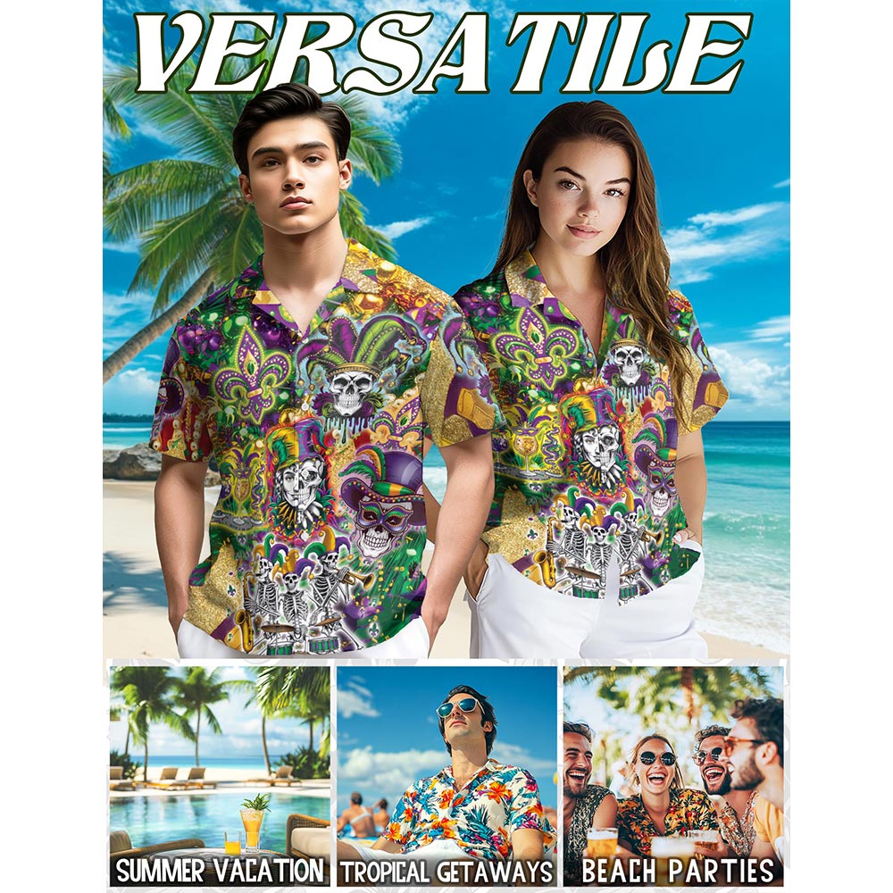 Skulls Mardi Gras Hawaiian Shirt for Men, Button Down Aloha Shirt - Azhawaiian