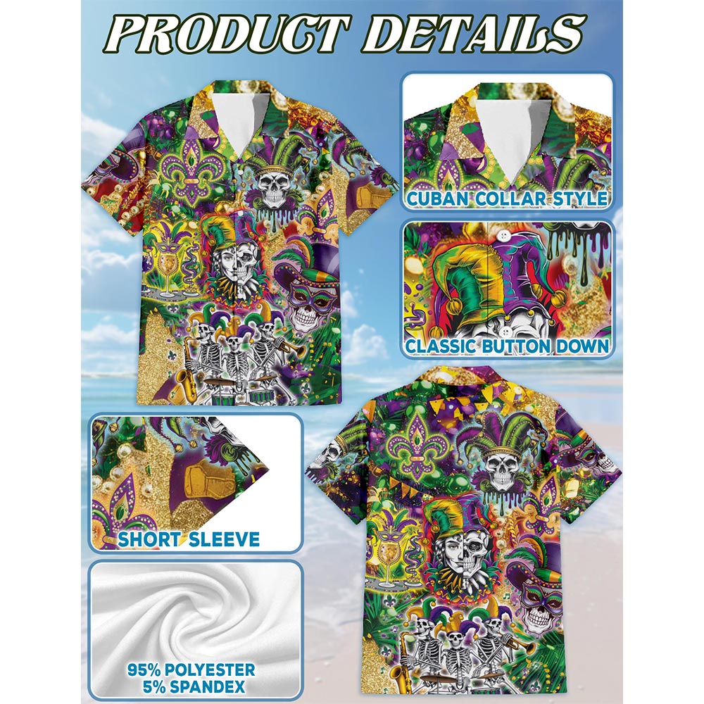 Skulls Mardi Gras Hawaiian Shirt for Men, Button Down Aloha Shirt - Azhawaiian