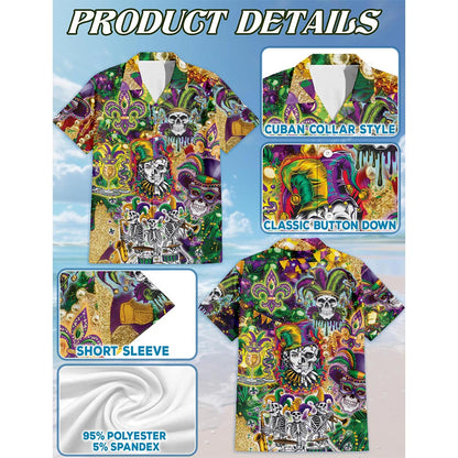 Skulls Mardi Gras Hawaiian Shirt for Men, Button Down Aloha Shirt - Azhawaiian