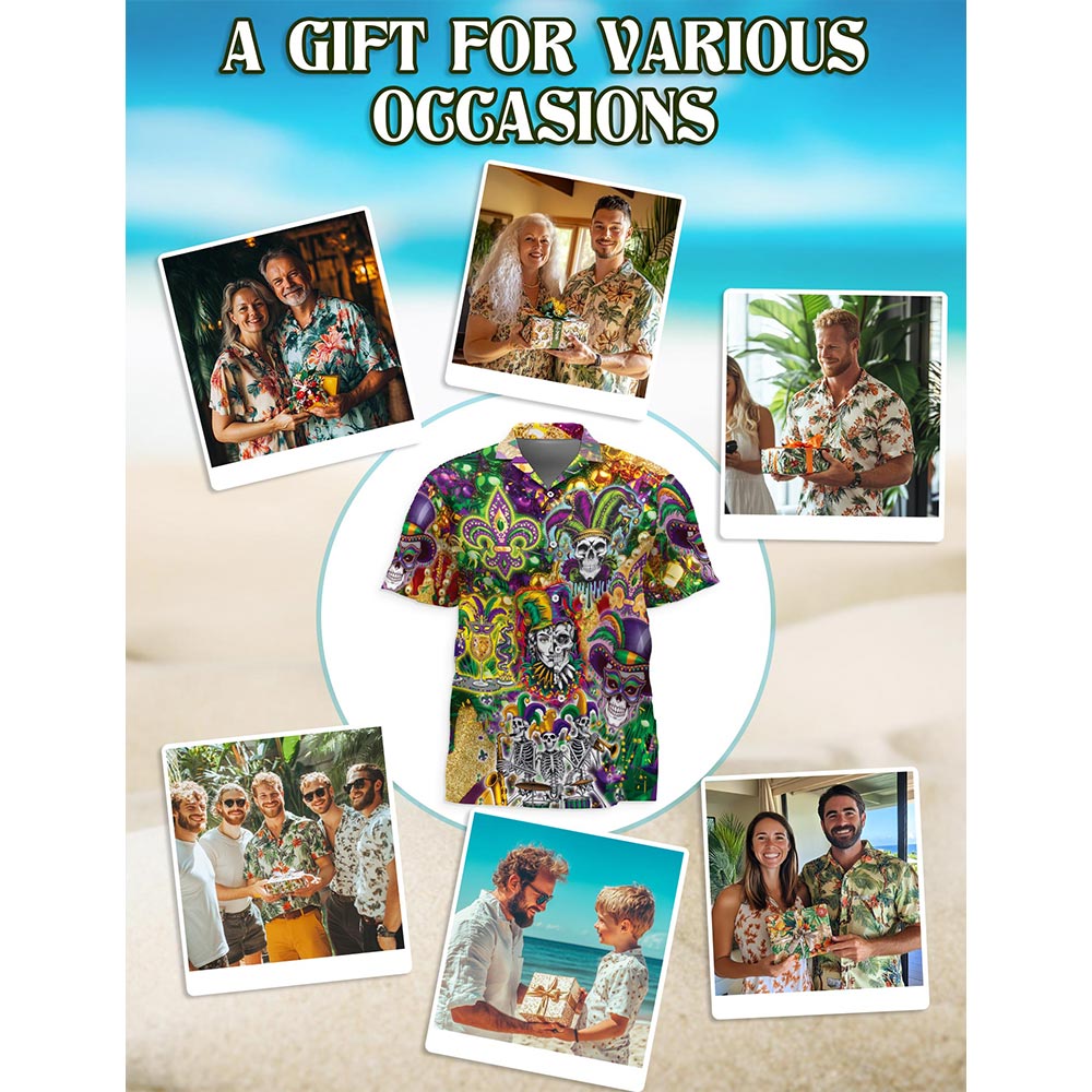 Skulls Mardi Gras Hawaiian Shirt for Men, Button Down Aloha Shirt - Azhawaiian