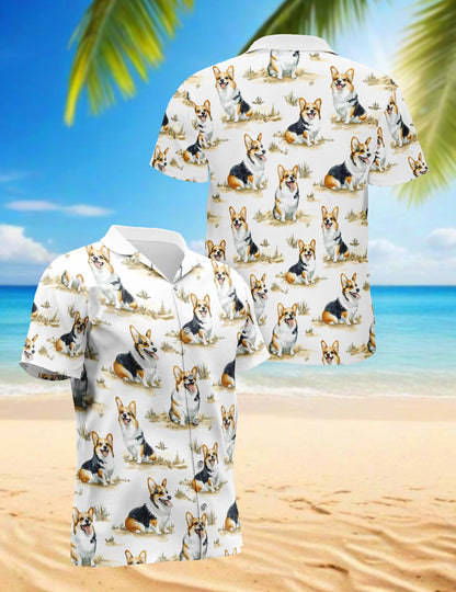 Smiling Corgi Hawaiian Shirt for Men, Button Down Aloha Shirt - Azhawaiian