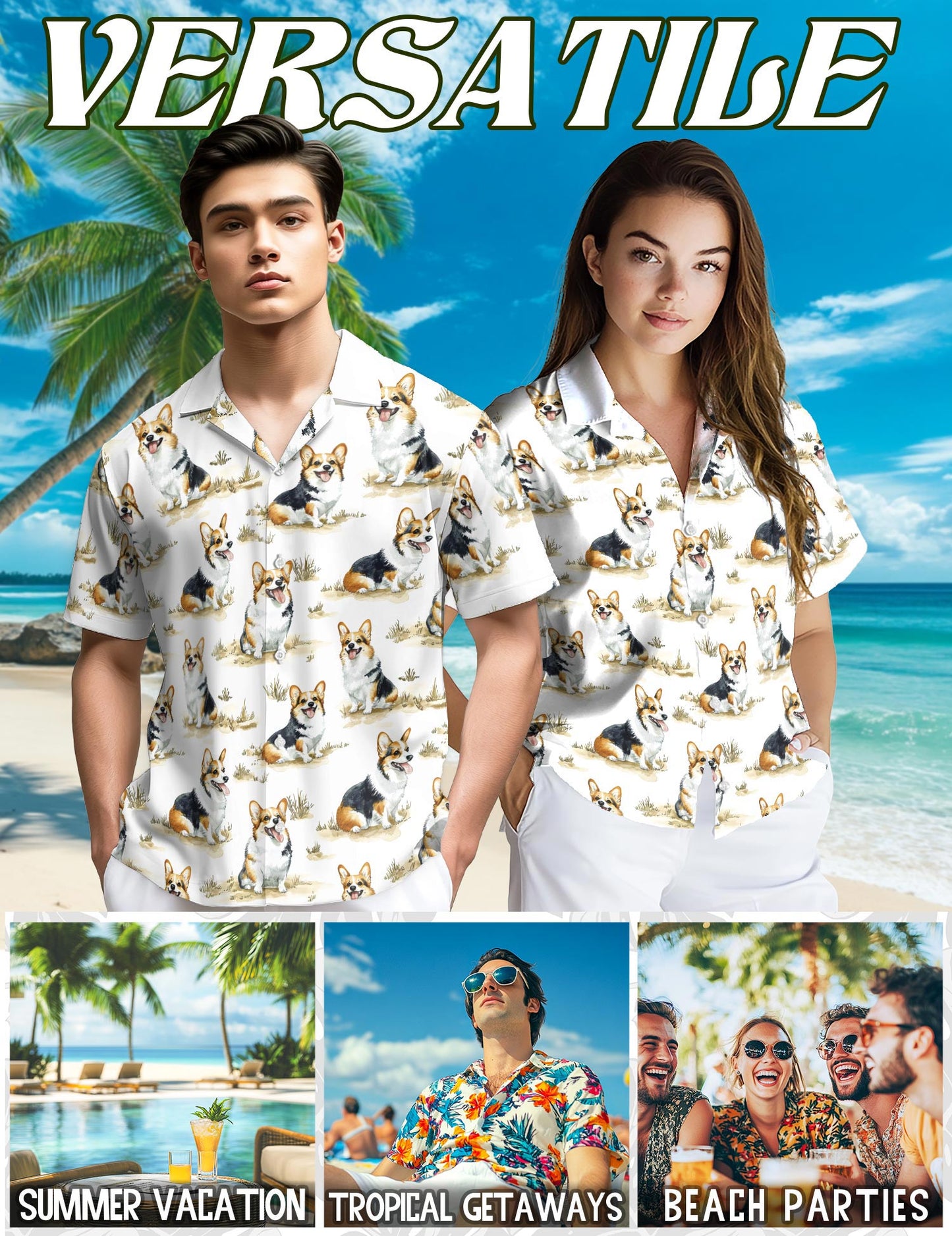 Smiling Corgi Hawaiian Shirt for Men, Button Down Aloha Shirt - Azhawaiian