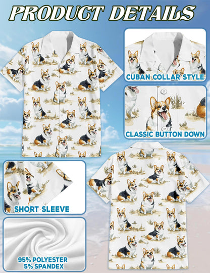 Smiling Corgi Hawaiian Shirt for Men, Button Down Aloha Shirt - Azhawaiian