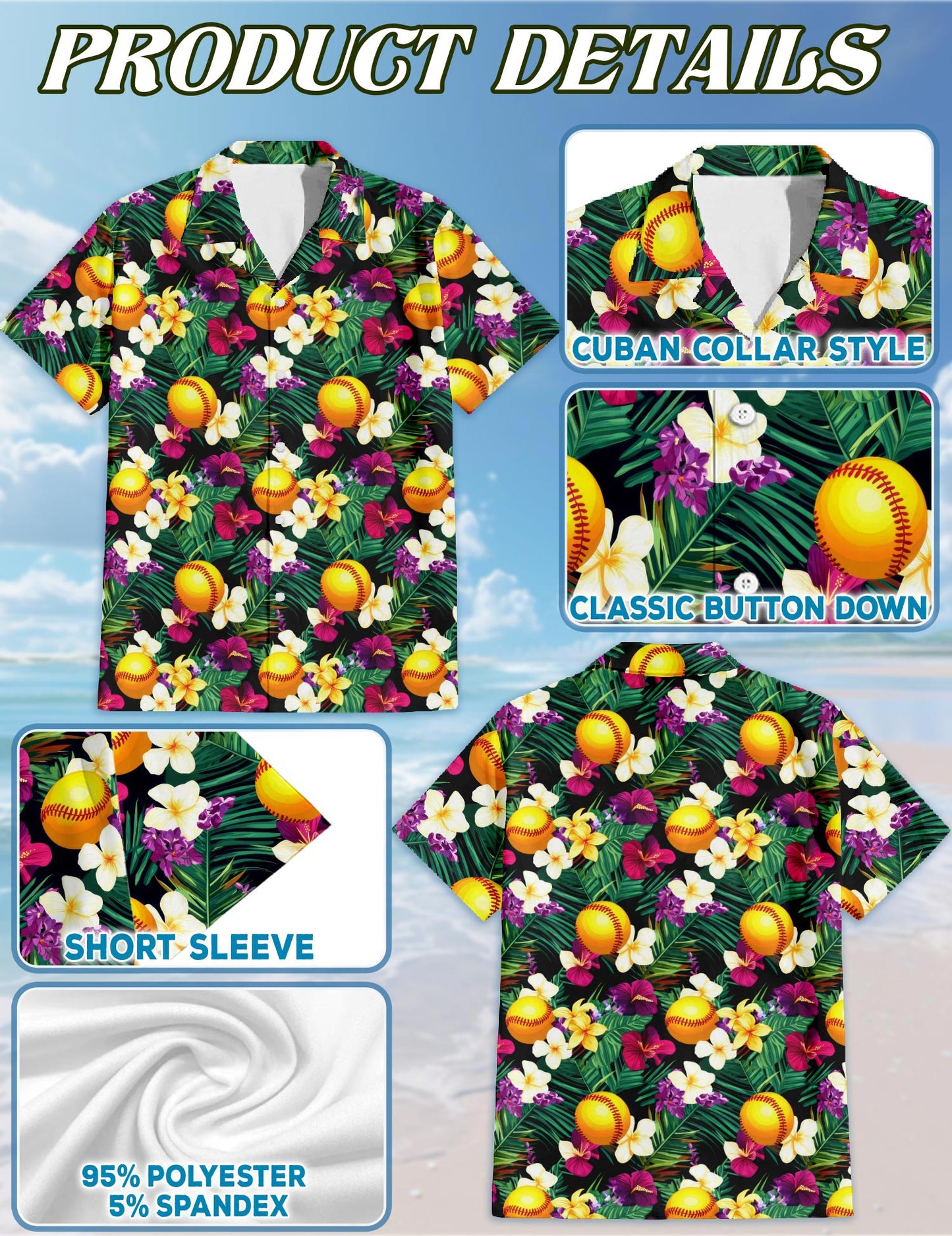 Softball Tropical Hawaiian Shirt for Men, Button Down Aloha Shirt - Azhawaiian