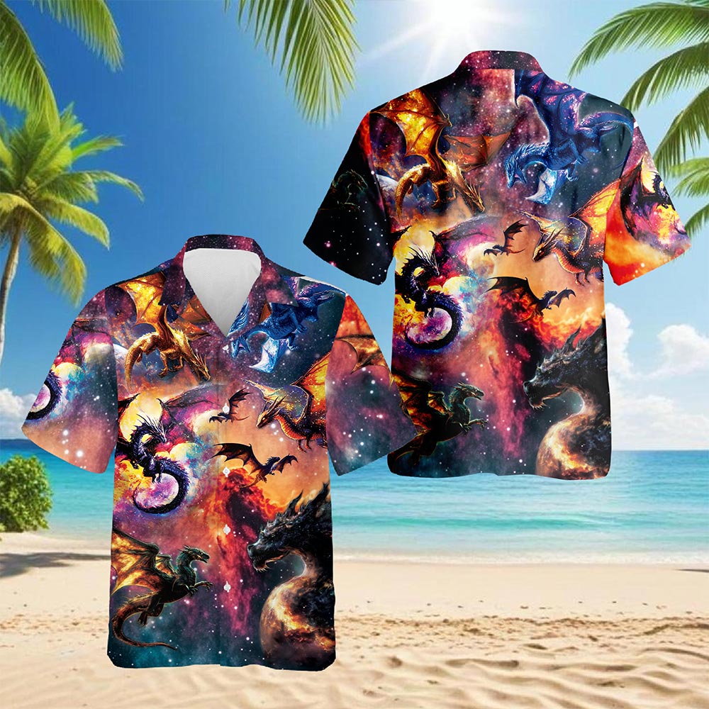 Space Dragon Hawaiian Shirt for Men, Button Down Aloha Shirt - Azhawaiian