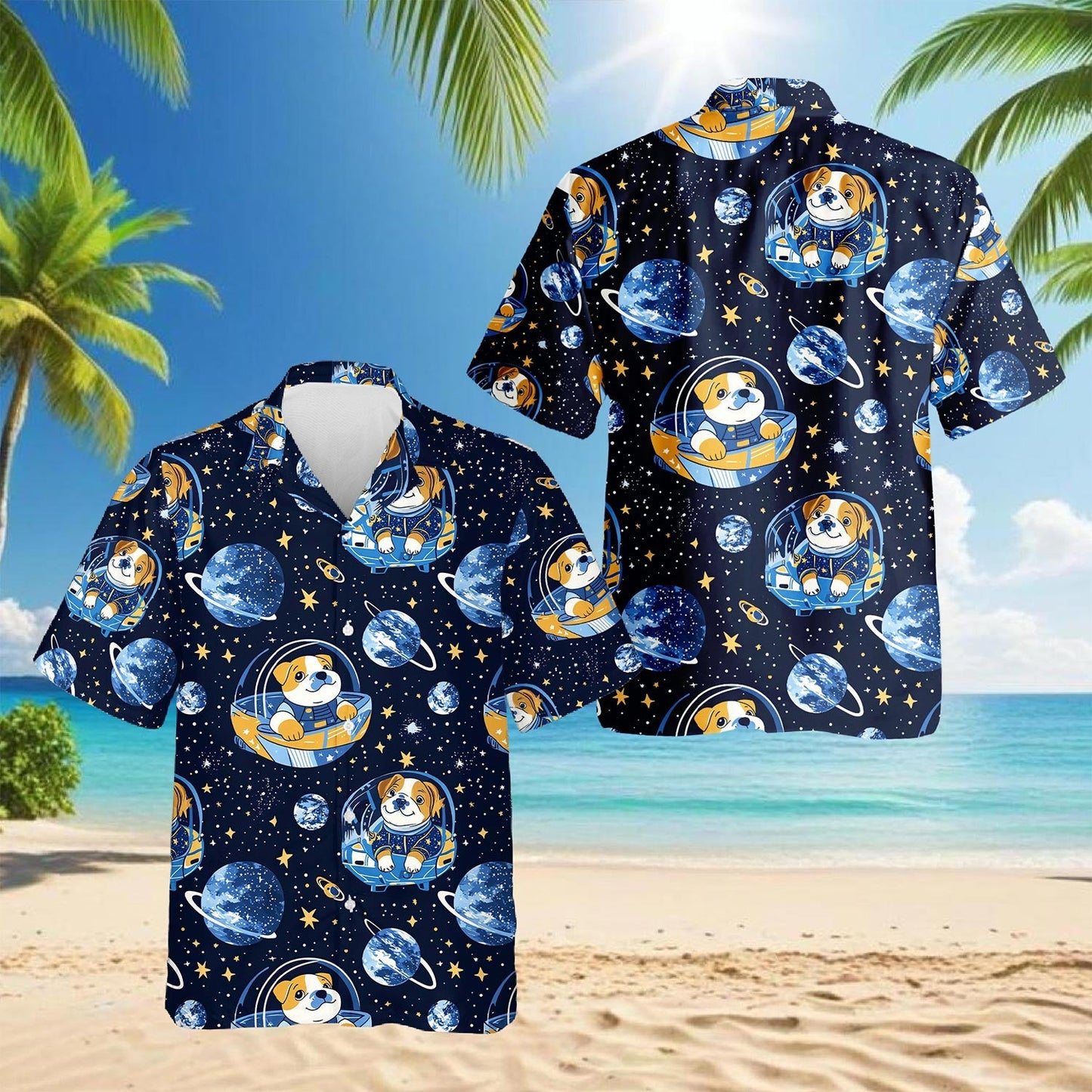 Space English Bulldog Astronaut Hawaiian Shirt for Men, Button Down Aloha Shirt - Azhawaiian