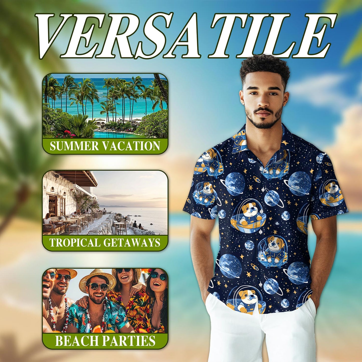 Space English Bulldog Astronaut Hawaiian Shirt for Men, Button Down Aloha Shirt - Azhawaiian