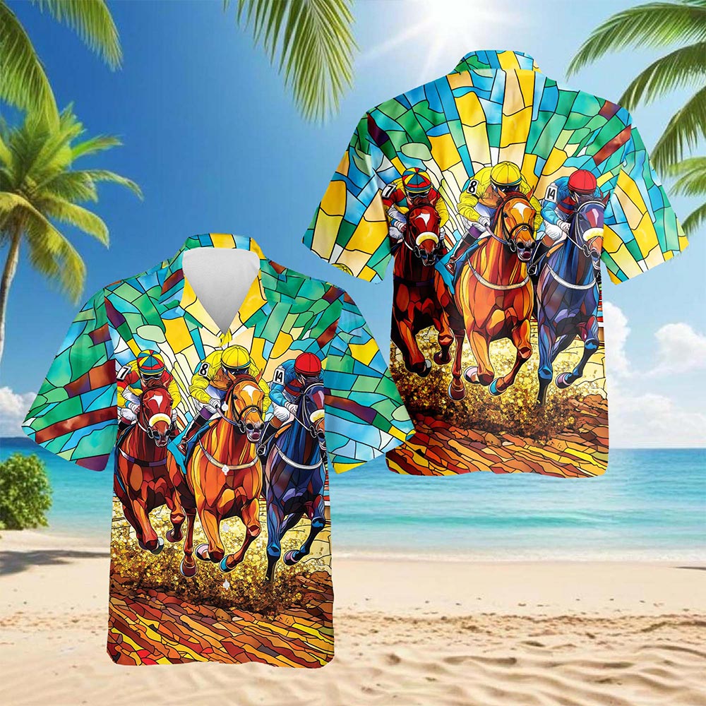 Stained Glass Racing Horse Hawaiian Shirt for Men, Button Down Aloha Shirt - Azhawaiian