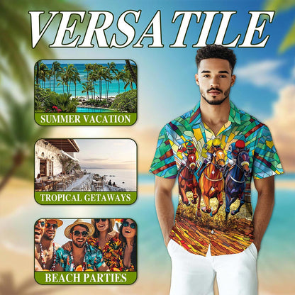 Stained Glass Racing Horse Hawaiian Shirt for Men, Button Down Aloha Shirt - Azhawaiian