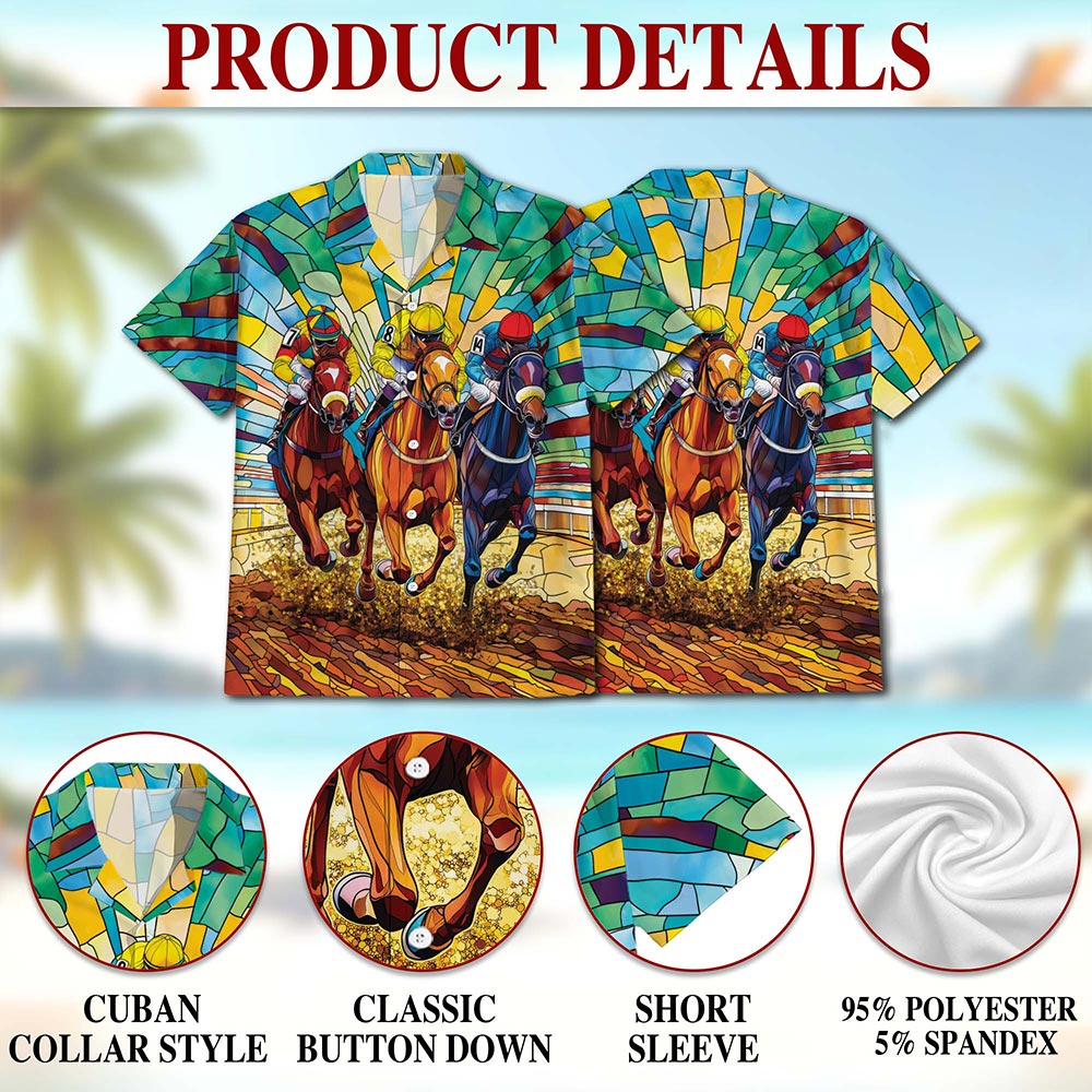 Stained Glass Racing Horse Hawaiian Shirt for Men, Button Down Aloha Shirt - Azhawaiian