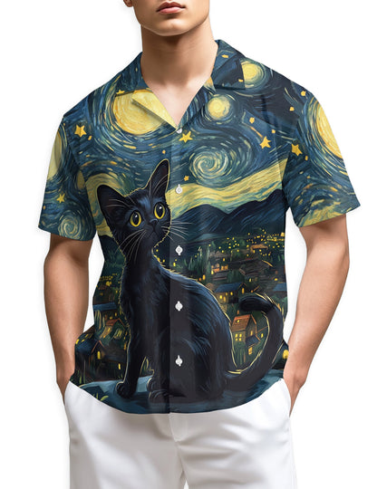 Azhawaiian Starry Night Cat Hawaiian Shirt for Men