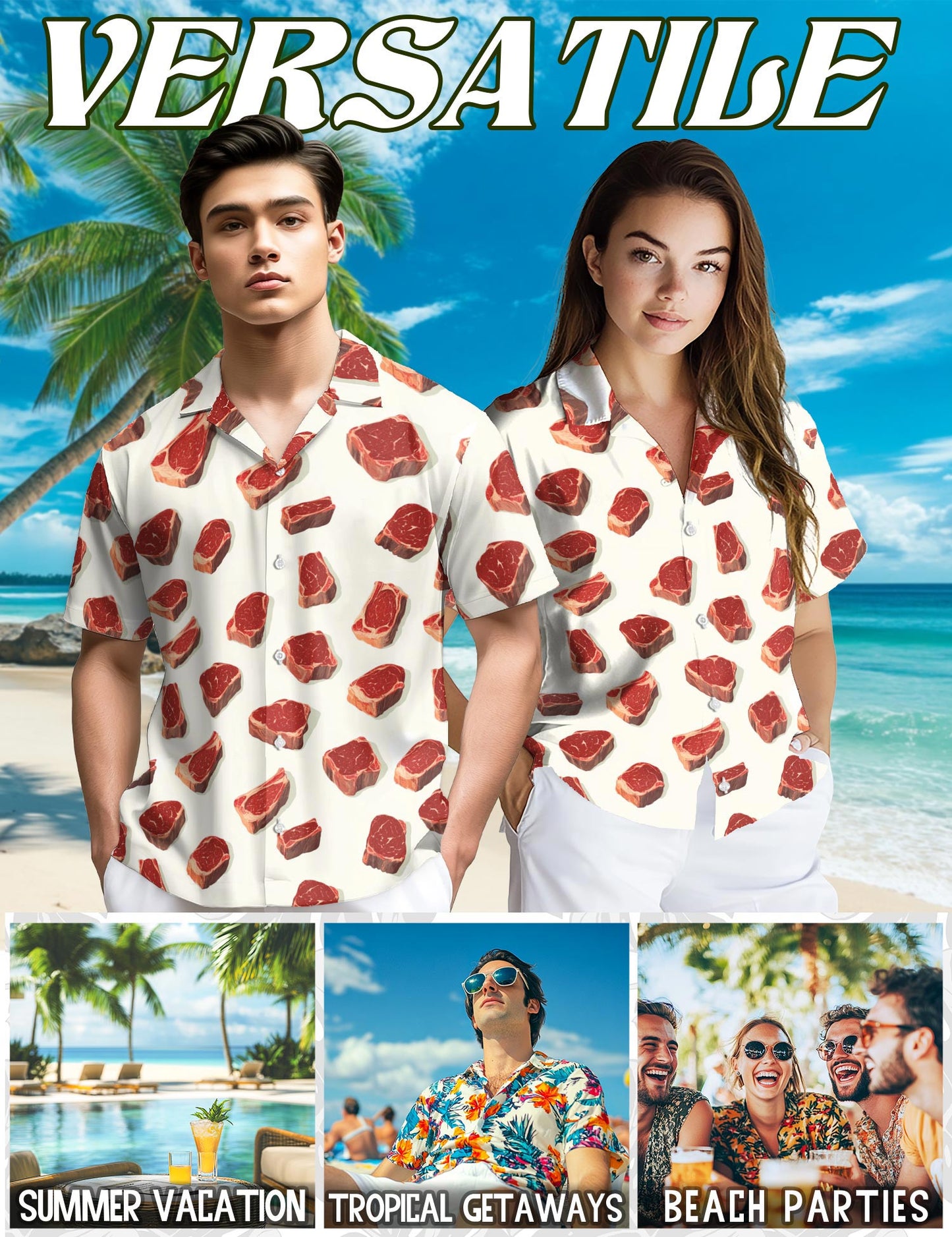 Steak Pattern Hawaiian Shirt for Men, Button Down Aloha Shirt - Azhawaiian