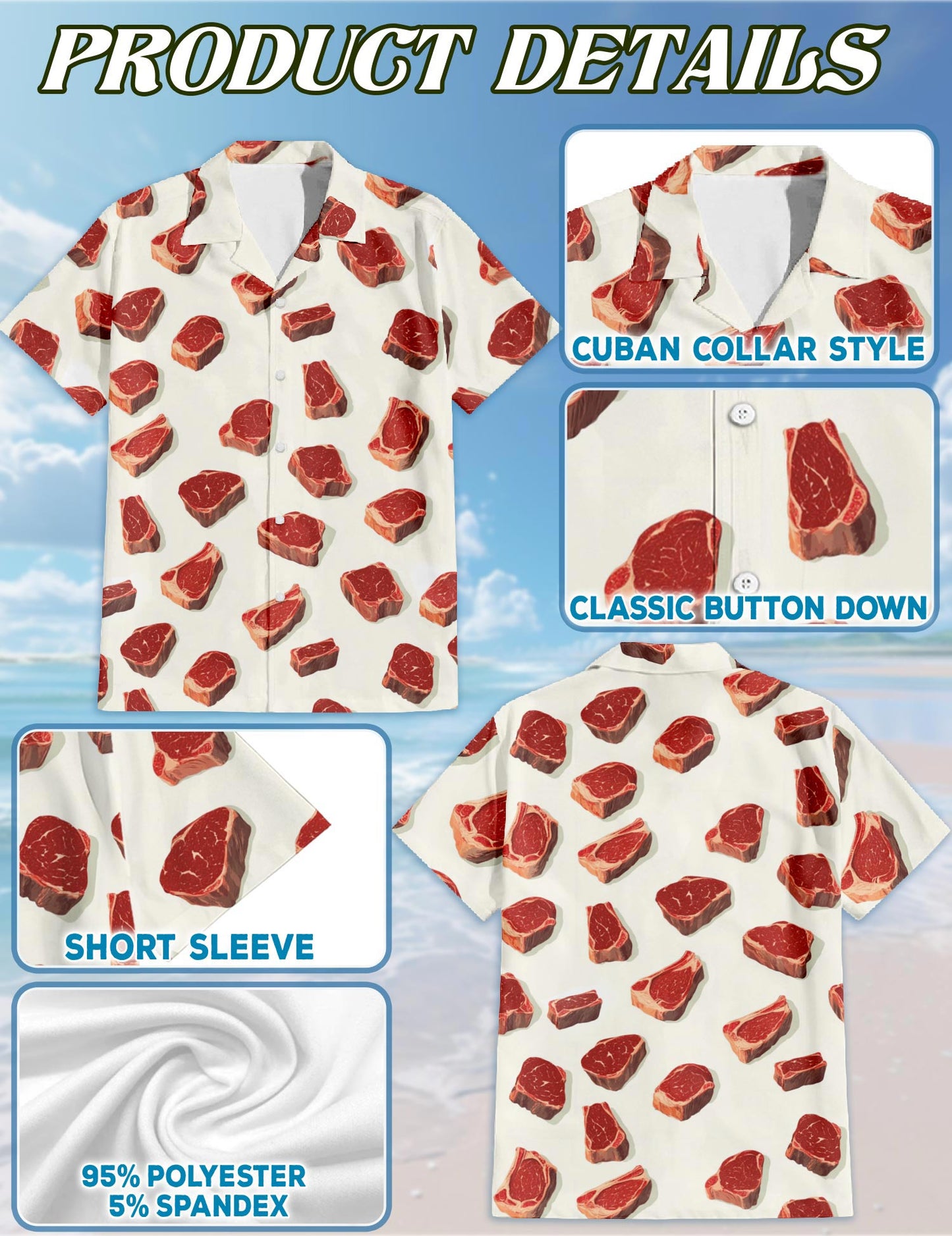 Steak Pattern Hawaiian Shirt for Men, Button Down Aloha Shirt - Azhawaiian