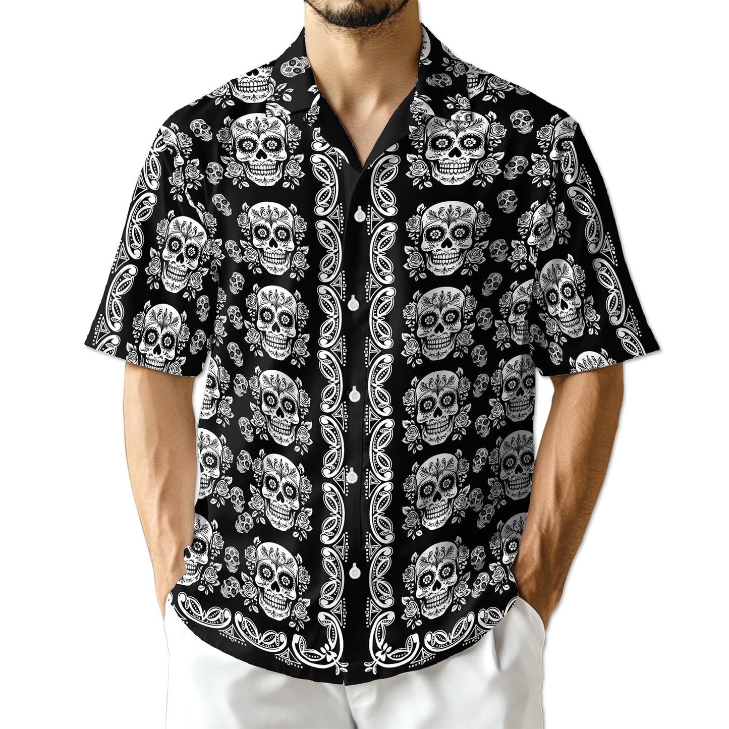 Azhawaiian Sugar Skull Pattern Hawaiian Shirt for Men