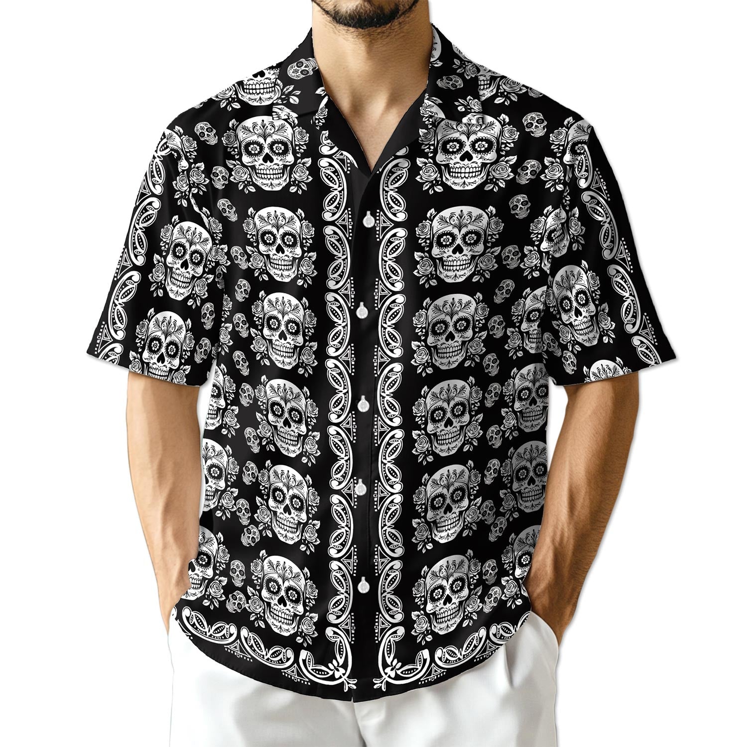 Azhawaiian Sugar Skull Pattern Hawaiian Shirt for Men