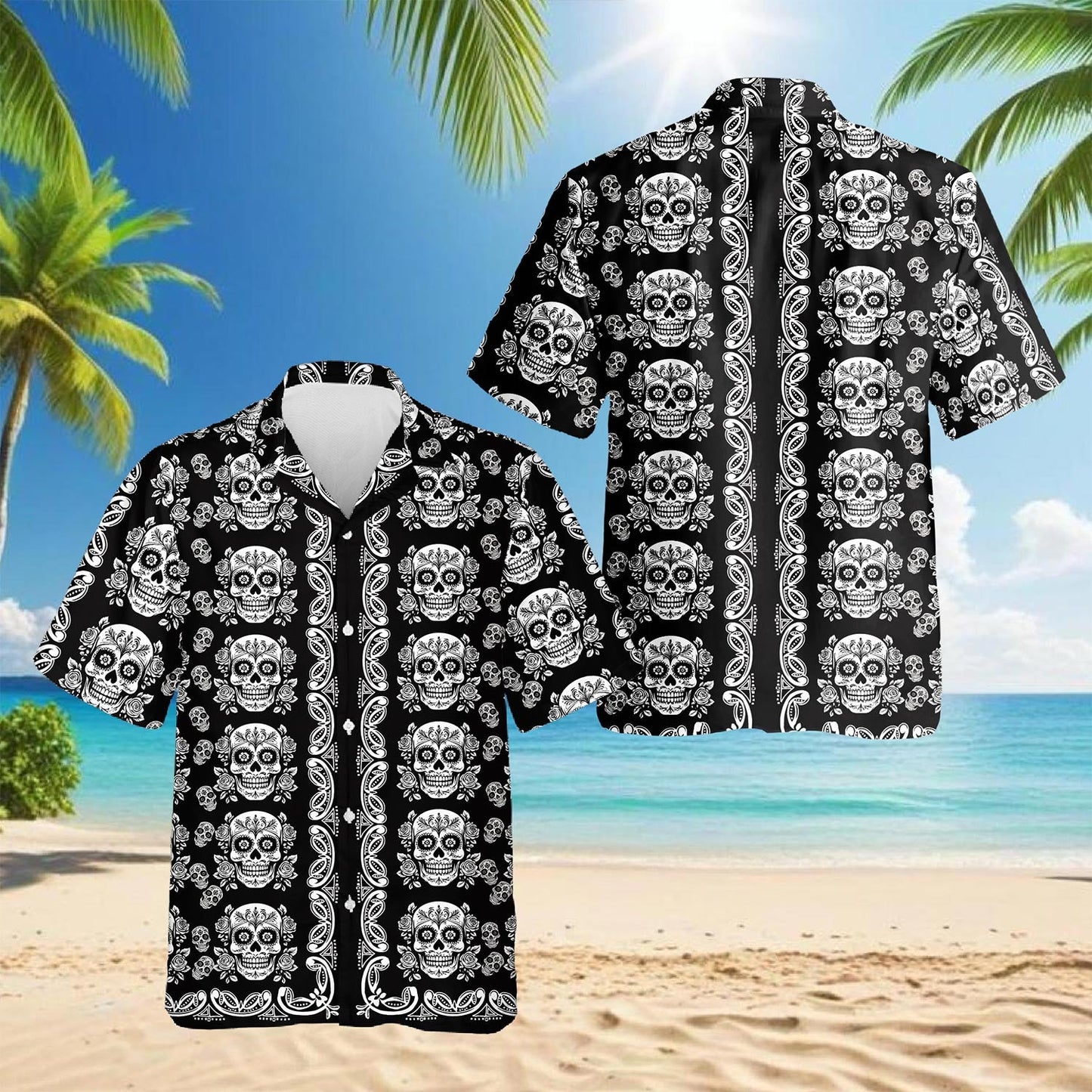 Sugar Skull Pattern Hawaiian Shirt for Men, Button Down Aloha Shirt - Azhawaiian