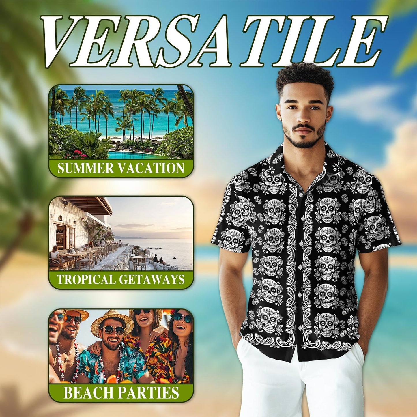 Sugar Skull Pattern Hawaiian Shirt for Men, Button Down Aloha Shirt - Azhawaiian